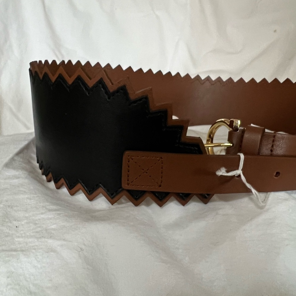 Salvatore Ferragamo Black with Brown Zig Zag Leather Belt NWT
